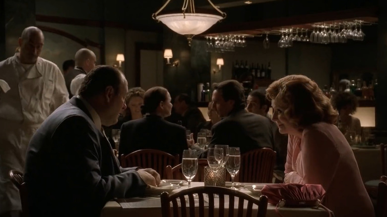 James Gandolfini and Polly Bergen as Tony Soprano and Fran Felstein, having dinner at Artie's restaurant on The Sopranos