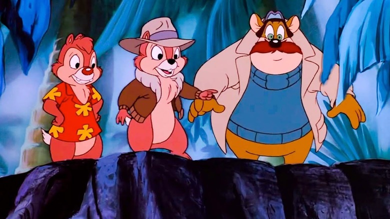 Chip, Dale, and Monterey Jack looking into cavern on Chip 'n Dale: Rescue Rangers