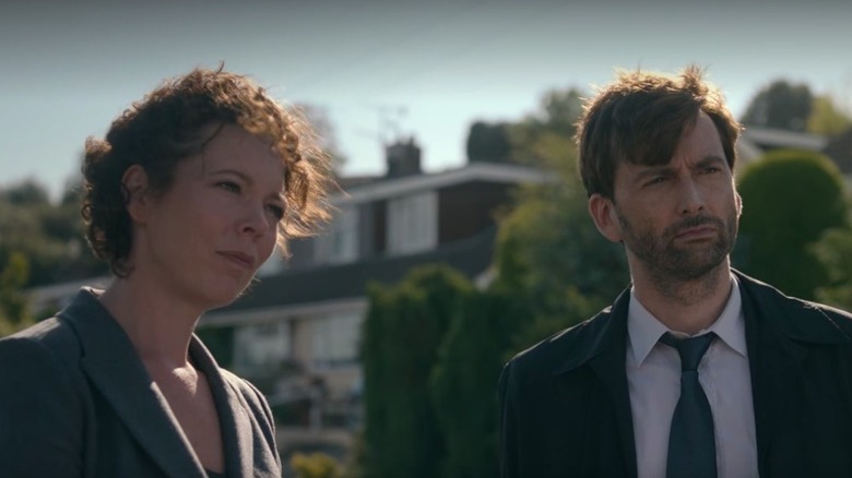Olivia Colman's Ellie Miller and David Tennant's Alec Hardy looking suspicious on Broadchurch