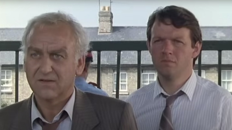 John Thaw's Inspector Morse and Kevin Whately's Robert Lewis looking angry on Inspector Morse