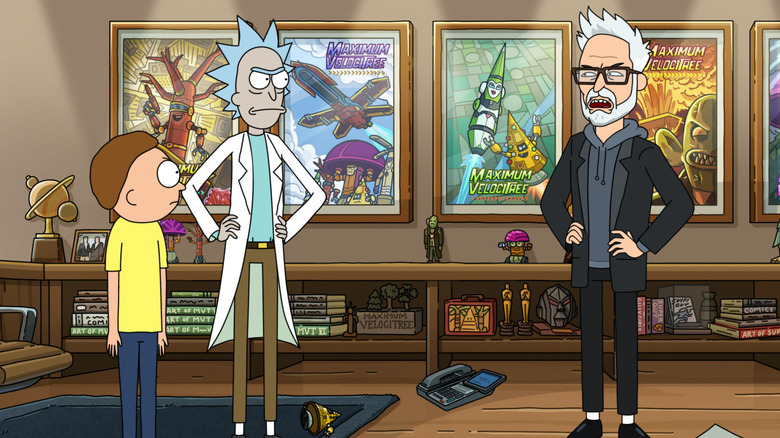 Morty Smith (Harry Belden) and Rick Sanchez (Ian Cardoni) confront James Gunn in his office in Rick and Morty