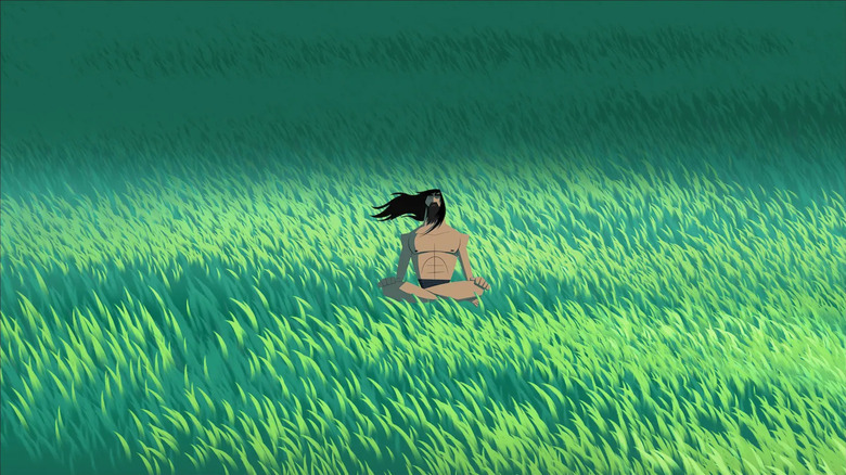 Jack (Phil Lamarr) meditates in a grassy field in Samurai Jack