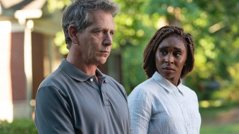 Holly Gibney (Cynthia Erivo) glances at a stern Ralph Anderson (Ben Mendelsohn) on The Outsider