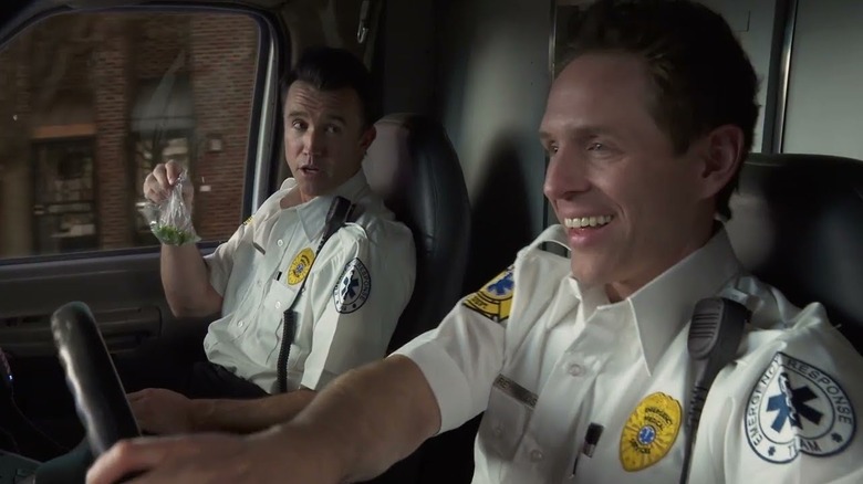 Rob Mac and Glenn Howerton as Mac and Dennis driving an ambulance on Always Sunny