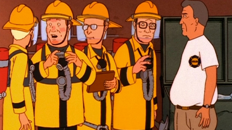 Hank and his friends working as firefighters on King of the Hill