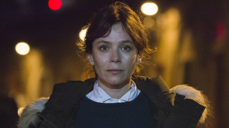 Anna Friel at night in winter coat as Marcella on Marcella