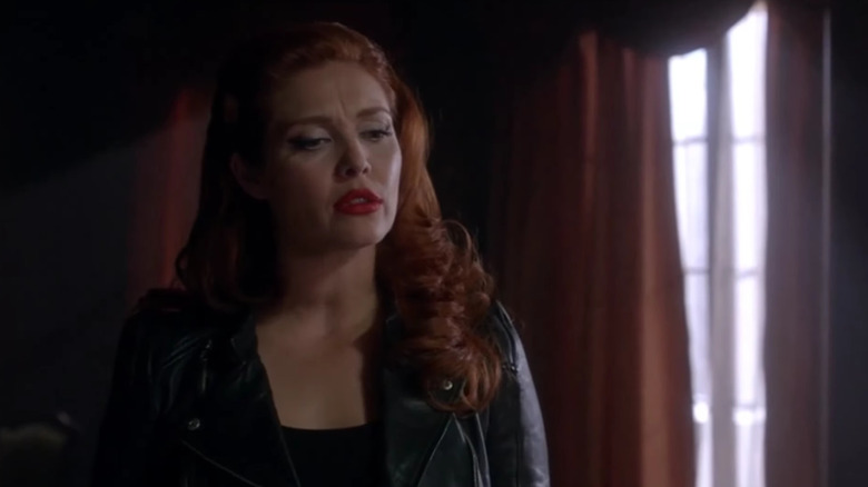 Alaina Huffman's Abaddon wearing a black leather jacket on Supernatural