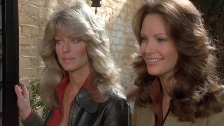 Jill Munroe (Farrah Fawcett) and Kelly Garrett (Jaclyn Smith) stand together smiling outside in Charlie's Angels (1976)