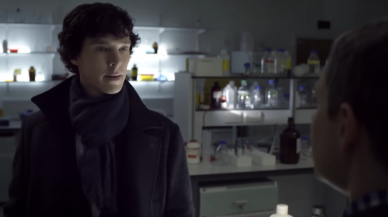 Benedict Cumberbatch as Sherlock Holmes, speaking to Martin Freeman as John Watson on Sherlock
