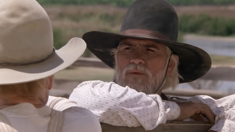 Woodrow F. Call (Tommy Lee Jones) stares at Gus McCrae (Robert Duvall) in Lonesome Dove