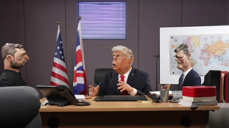 Volodomyr Zelensky, Donald Trump, and Keir Starmer puppets negotiate on Spitting Image Presents: the Rest Is Bullsh*t