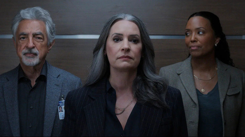 David Rossi (Joe Mantegna), Emily Prentiss (Paget Brewster), and Dr. Tara Lewis (Aisha Tyler) take the elevator on Criminal Minds: Evolution