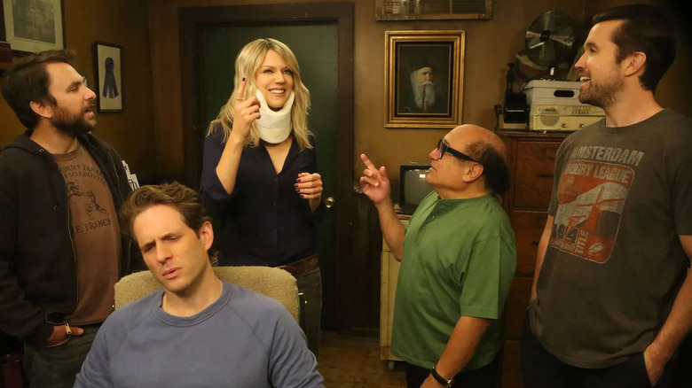 Charlie (Charlie Day), Dennis (Glenn Howerton), Dee (Kaitlin Olson), Frank (Danny DeVito), and Mac (Rob McElhenney) debate on It's Always Sunny in Philadelphia