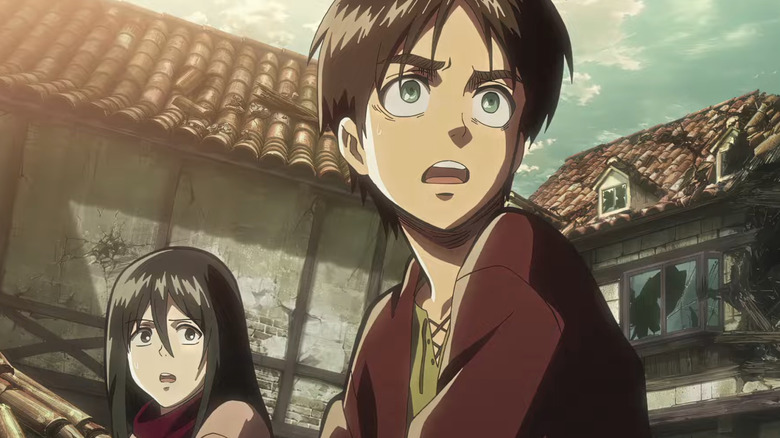 Yūki Kaji/Bryce Papenbrook as Eren Yeager looks scared on Attack on Titan