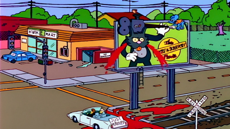 Fake blood coming out of Itchy & Scratchy billboard on The Simpsons