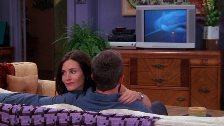 Courteney Cox as Monica, embracing Chandler with a shark documentary on TV on Friends