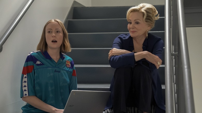 Ava and Deborah working in a stairwell on Hacks