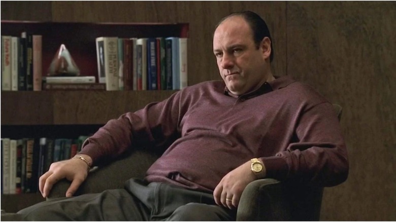 Tony (James Gandolfini) in therapy slouching in his chair on The Sopranos