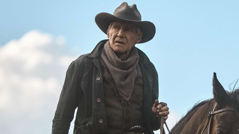 Harrison Ford as Jacob Dutton, riding on horseback in 1923
