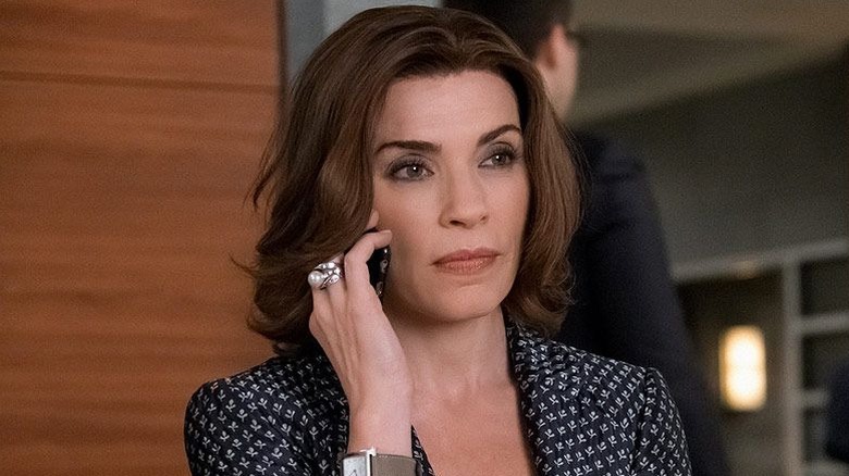 Julianna Margulies as Alicia Florrick, taking a phone call on The Good Wife