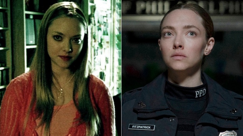Split image of Amanda Seyfried as Lilly Kane in Veronica Mars and Mickey in police uniform in Long Bright River