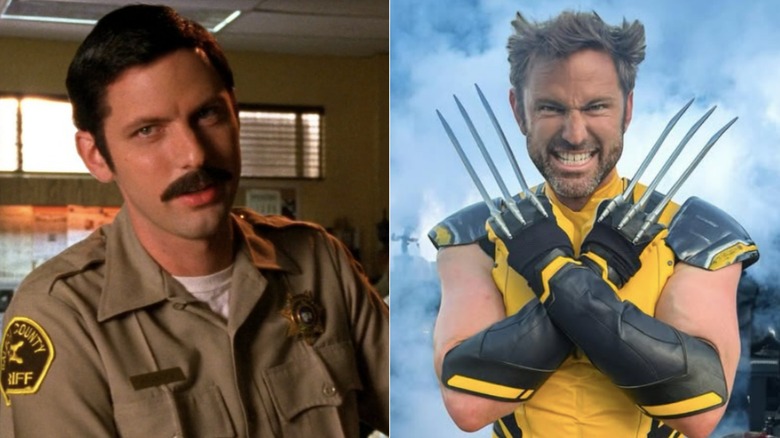 Split image of Brandon Hillock as Deputy Jerry Sacks in Veronica Mars and dressed as Wolverine in yellow suit