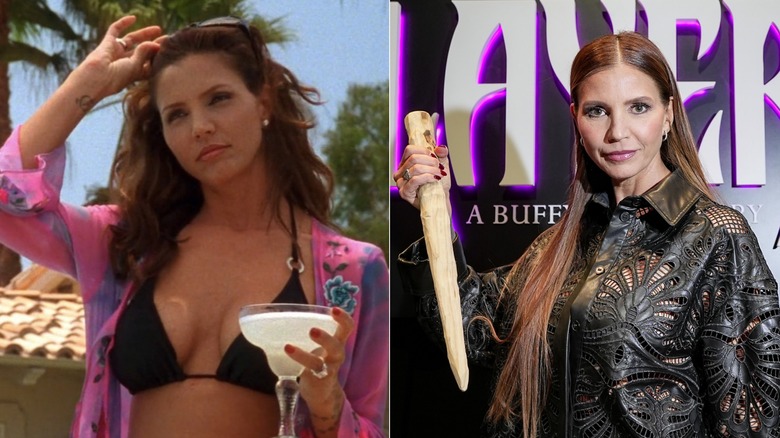 Split image of Charisma Carpenter as Kendall Casablancas in bikini holding margarita in Veronica Mars and holding a large stake