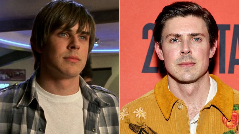 Split image of Chris Lowell as Pez in Veronica Mars and wearing yellow jacket on red carpet