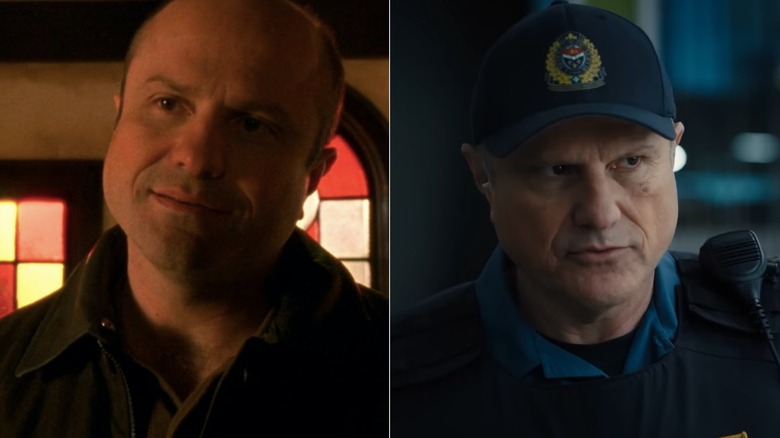 Split image of Enrico Colantoni as Keith standing in front of stained glass windows in Veronica Mars and as Vince in cop uniform in Allegiance