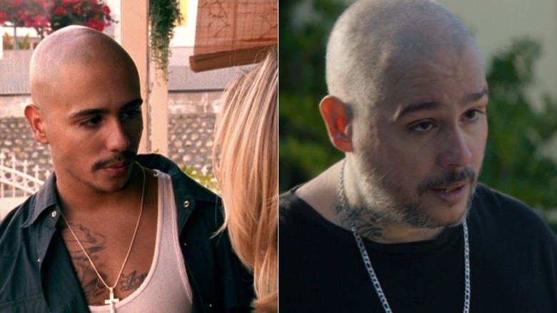 Split image of Francis Capra as Weevil standing in front of Kristen Bell as Veronica (face not pictured) in Veronica Mars and unnamed neighbor in Station 19
