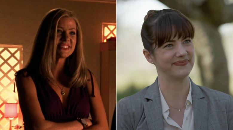 Split image of Julie Gonzalo as blonde smiling Parker in Veronica Mars and Abril with brunette hair in bun in My Argentine Heart