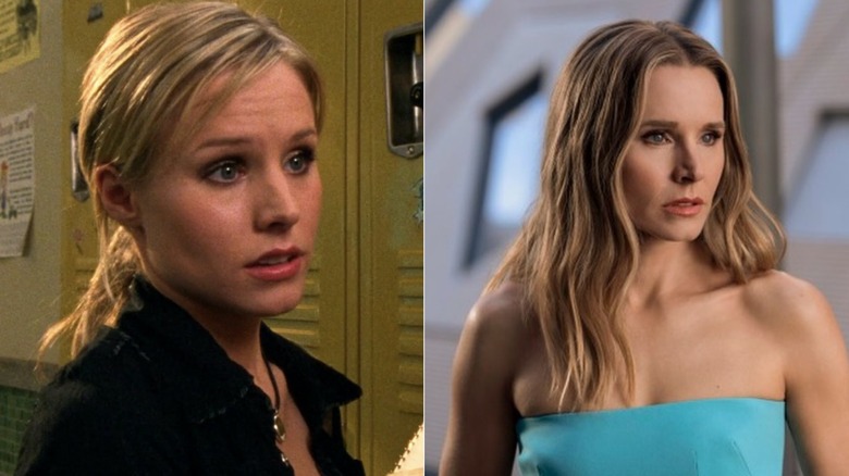 Split image of Kristen Bell as Veronica standing by yellow locker in Veronica Mars and as Joanne in blue dress in Nobody Wants This