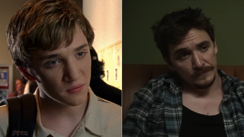 Split image of Kyle Gallner as Beaver standing in school hallway in Veronica Mars and Nick in Just Breathe