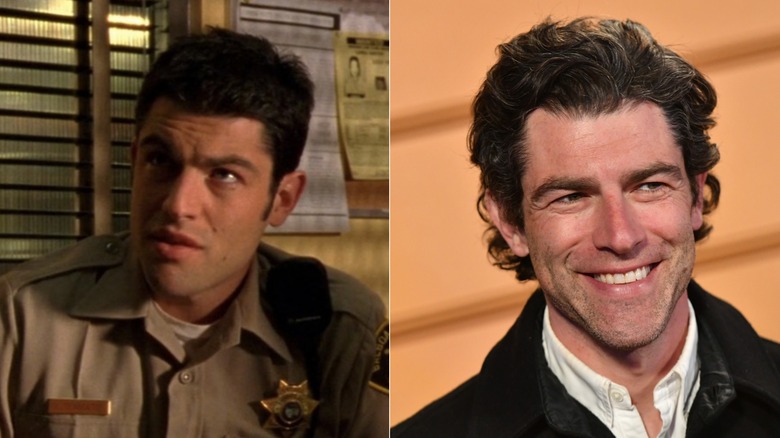 Split image of Max Greenfield in tan police uniform as Leo in Veronica Mars and close-up at event