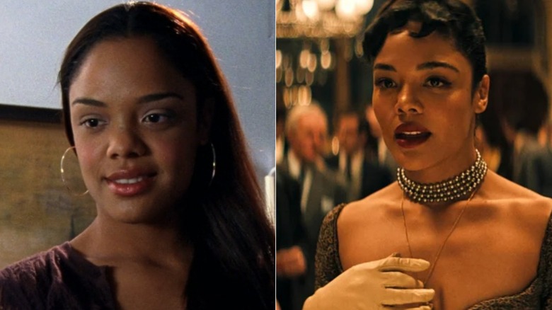 Split image of Tessa Thompson as Jackie in Veronica Mars and Hedda Gabler in fancy dress in Hedda