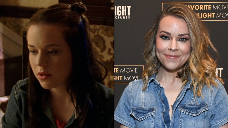 Split image of Tina Majorino as Mac in Veronica Mars and at red carpet event in denim