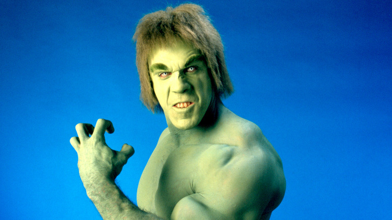 Lou Ferrigno poses for a portrait wearing his Hulk costume and makeup