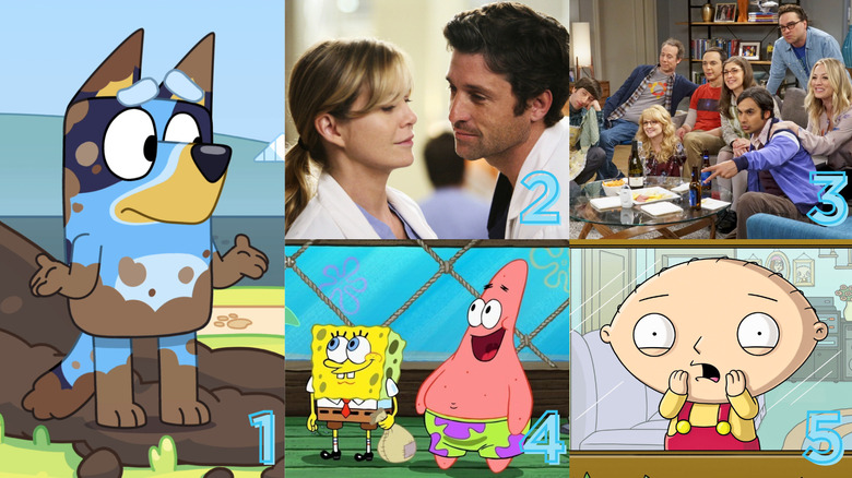 Grey's Anatomy, The Big Bang Theory, Bluey, Family Guy, SpongeBob SquarePants