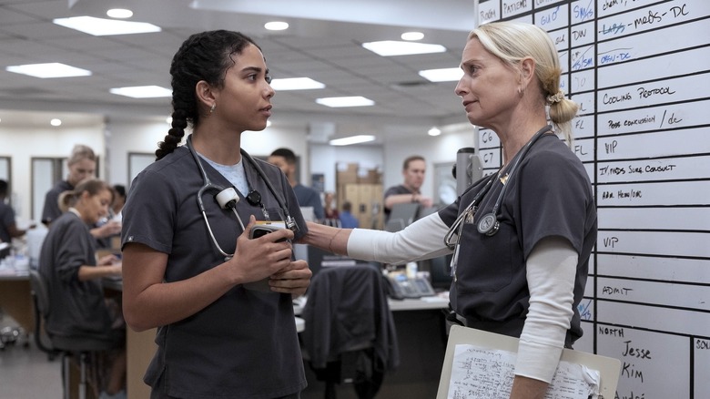 Laëtitia Hollard as Emma Nolan and Katherine LaNasa as charge nurse Dana Evans in The Pitt Season 2, Episode 10