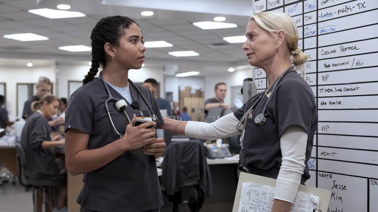 Laëtitia Hollard as Emma Nolan and Katherine LaNasa as charge nurse Dana Evans in The Pitt Season 2, Episode 10