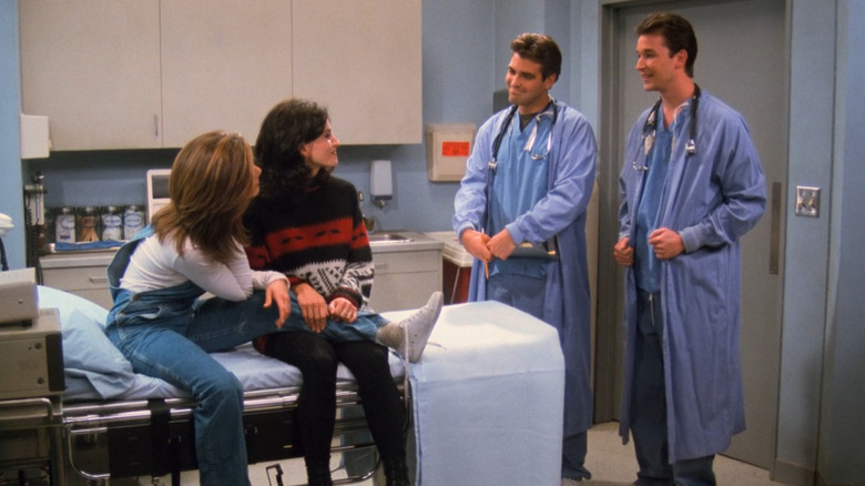 Friends, Rachel and Monica at doctors' office talking to doctors played by George Clooney and Noah Wyle