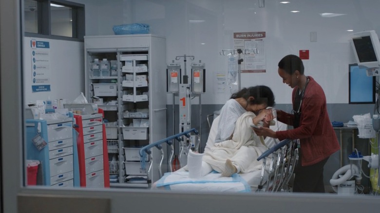 Woman with degloved foot cries The Pitt