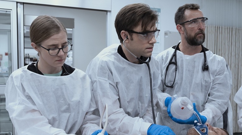 Taylor Dearden as Dr. Mel King, Patrick Ball as Dr. Frank Langdon and Noah Wyle as Dr. Michael Robby Robinavitch on The Pitt