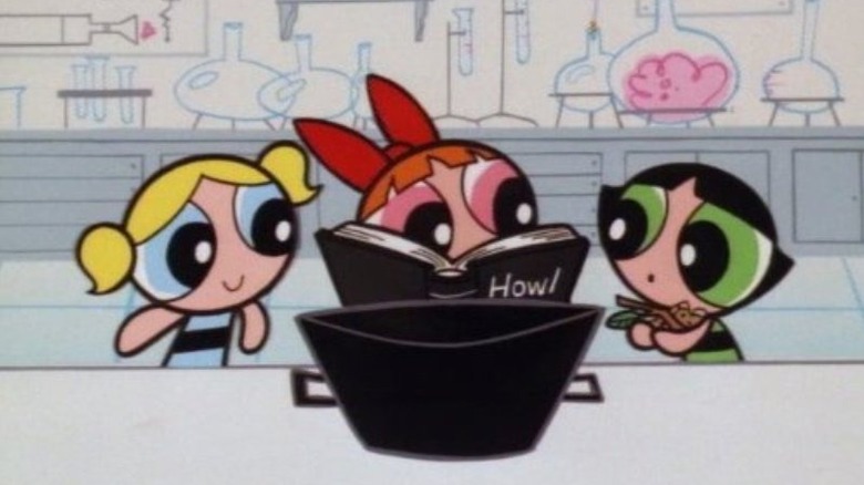 Bubbles, Blossom, and Buttercup working on a concoction in the Professor's lab, with Blossom reading from a book and Buttercup holding ingredients