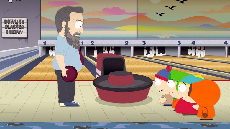 Vice President Al Gore holds a bowling ball while Stan Marsh, Kyle Broflovski, Eric Cartman, and Kenny McCormick apologize to him in the South Park episode, Time to Get Cereal