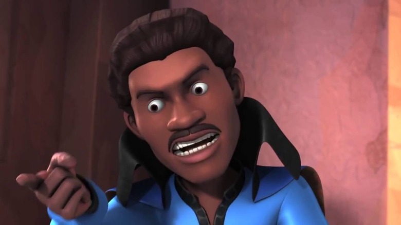 Lando Calrissian animado com raiva na série cancelada Star Wars Detours.