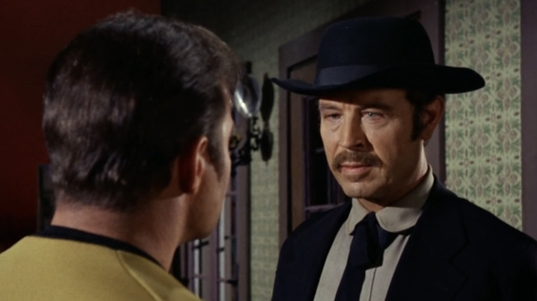 Charles Maxwell's Virgil Earp stands in front of William Shatner's Captain Kirk in Star Trek