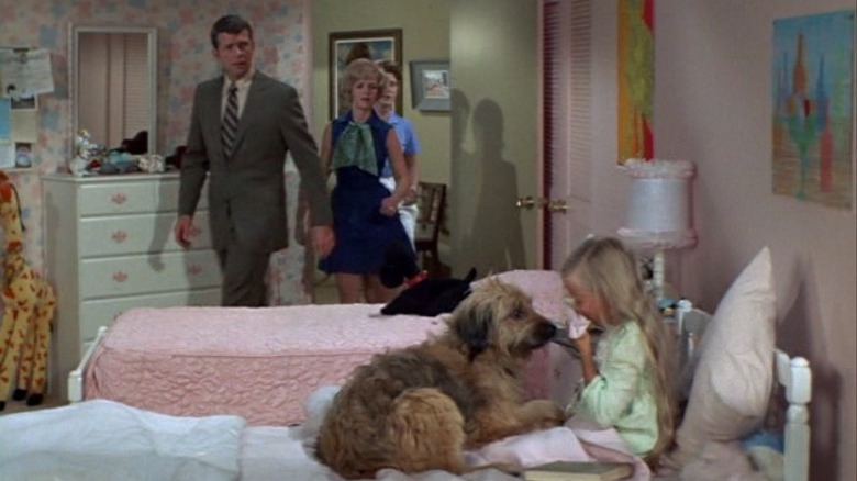 Robert Reed as Mike, Florence Henderson as Carol, and Ann B. Davis as Alice entering Jan's room as she sits in bed with Tiger the dog on her lap in The Brady Bunch