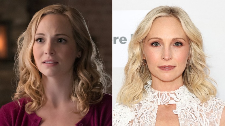 Left: Caroline Forbes frowns in The Vampire Diaries. Right: Candice King smiles on the red carpet.