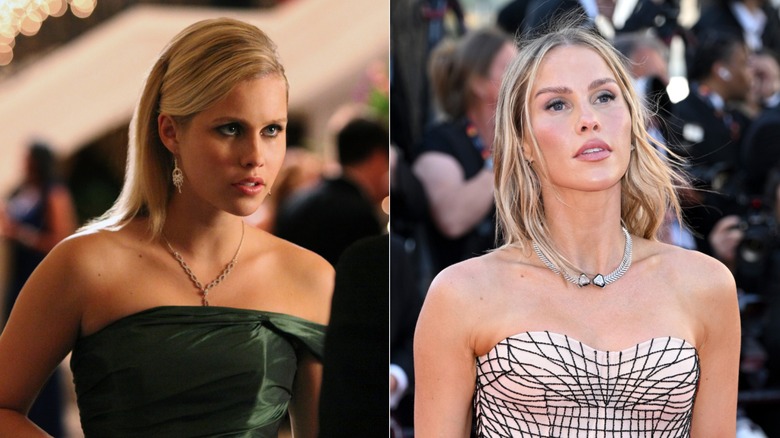 Left: Rebekah Mikaelson in a green gown in The Vampire Diaries. Right: Claire Holt on the red carpet.